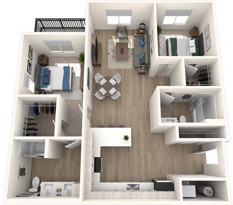 A top-down view of a small apartment with a kitchen, living room, and bedroom.